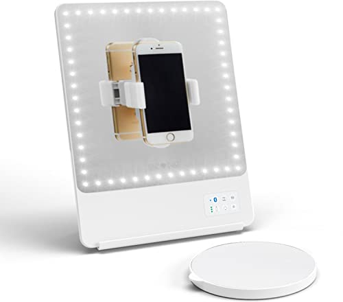 GLAMCOR Riki Skinny Smart Vanity Mirror with HD LEDs, Magnifying Mirror Attachment, Phone Holder and Bluetooth Control (White, 5X Magnification)