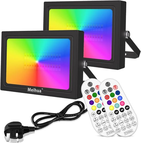 MEIHUA 35W RGB Flood Light Outdoor Garden 360 Degree RF Remote Control Auto Timer Color Changing LED for Christmas Halloween Stage Pond Gazebo Pack of 2