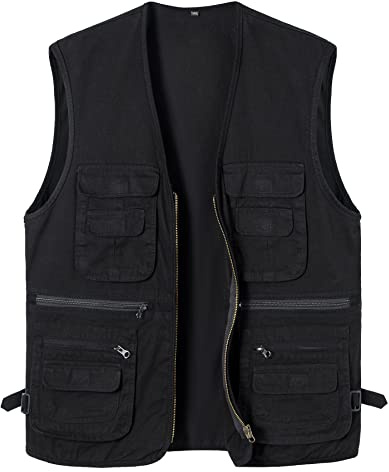 Yukirtiq Hombre Chaleco de Pesca Chalecos Deportivos Fotografia Chaleco de Trabajo Multibolsillos Chaqueta Sin Mangas Safari, Negro, M