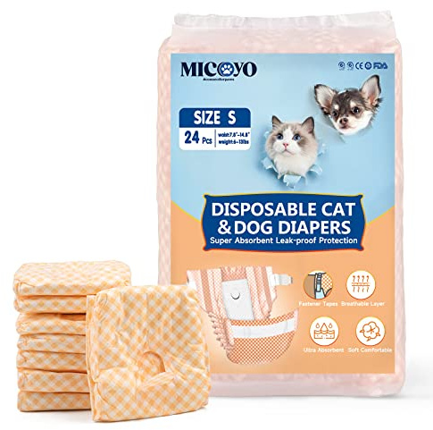 MICOOYO Engångsblöjor för valp och katt, superabsorberande husdjursblöjor för små katter, kvinnliga hundar, engångs kattblöjbyxor för kvinnor i värme (S, 24-pack)