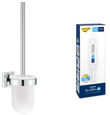 GROHE Start Cube Toilet Brush Set with GROHE QuickGlue A1 (Material: Glass & Metal, Wall Mounted, Durable Sparkling Sheen, Including Screws and Dowels), Size 399mm, Extra Easy to Fit, Chrome, 40977000