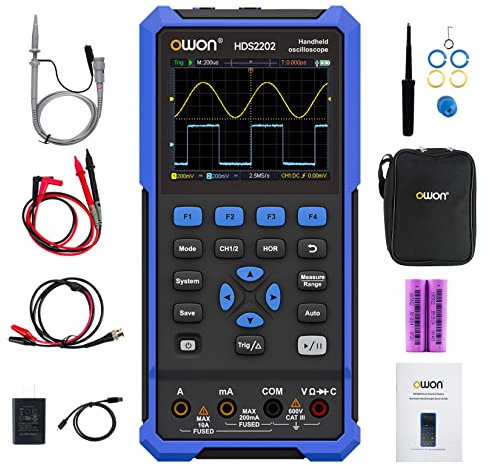 OWON HDS2202 2 in 1 Hand oszilloskop, 200MHz Bandbreite USB Typ C mit 3,5 Zoll LCD Display, 20000 Zählungen Digital multimeter, 2 Kanal Digital Oszilloskop