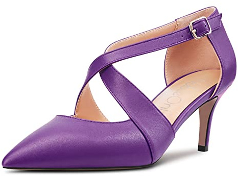 NobleOnly Mujer Aguja Medio Heel Puntiaguada Punta Pumps Correa Cruzada Cierre con Hebilla de Boda Dress 6 CM Heels