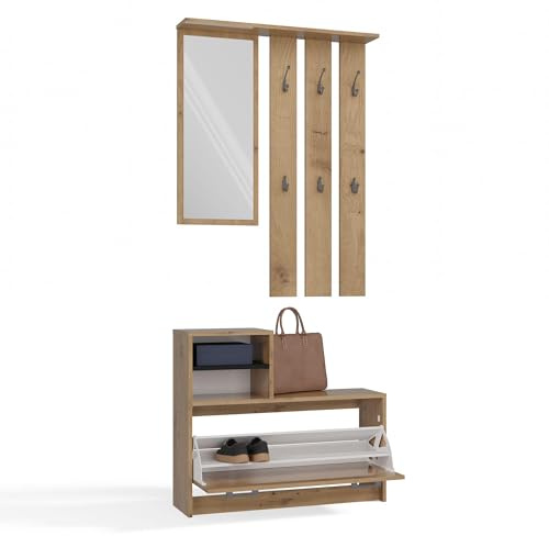CDF Mobile Ingresso Set Guardaroba Rovere Artisan con Specchio Appendiabiti 6 Ganci Scarpiera 9 Paia Scarpe Salvaspazio 85 x 24 x 180 cm Arredo Entrata Entratina Moderno Parete Muro Portascarpe Panca