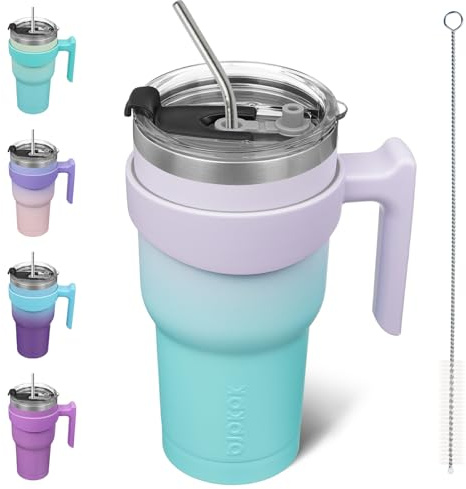 BJPKPK Vasos de 880 ml con asa, de acero inoxidable, aislados, con tapa y popote para mujer, Oasis
