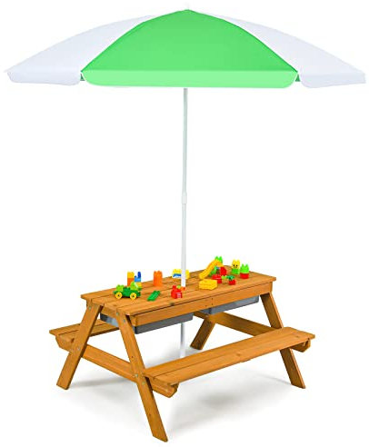 COSTWAY 3 in 1 Kinder Picknicktisch, Gartentisch mit Sonnenschirm & Bänke, Kindersitzgruppe aus Holz mit Abnehmbarer Tischplatte & 2 Spielboxen, Kindermöbel-Set für Garten, Hinterhof, Terrasse (Weiß)