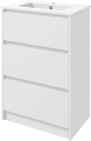 kleankin Mobile Bagno con 2 Cassetti e Lavabo in Ceramica Sintetica e Legno Truciolato, 61x37x88 cm, Bianco Lucido