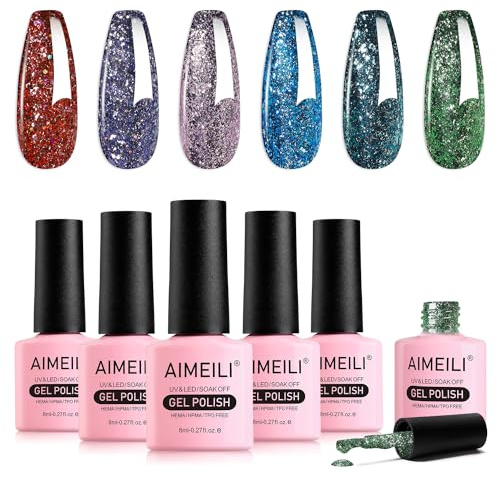 AIMEILI 6 Colors Christmas Glitter Gel Nail Polish Shiny Chunky Glitter Gel Polish Soak Off U V Nail Gel Sparkly Gel Nail Art Manicure Varnish Set 8ml - Gift Kit 57
