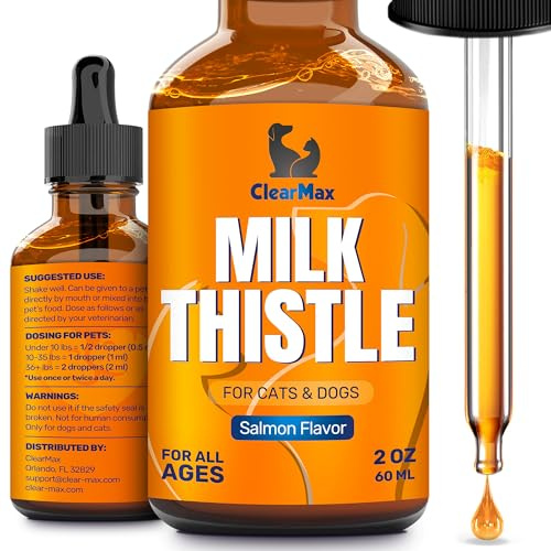 Milk Thistle for Dogs – Liver & Kidney Support for Large & Small Pets – Milk Thistle for Cats to Care for Digestion – Specialist-Approved Liquid Formula with Salmon Flavor – GMO Free – 2 Oz Bottle