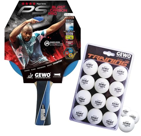 GEWO PS Blast Carbon Pro Tischtennisschläger & GEWO Tischtennisbälle Training 40+ - ITTF genehmigter Profi-Tischtennisschläger, konkav, 2,0mm Schwamm + 3 Sterne Tischtennis-Ball 12 Stück