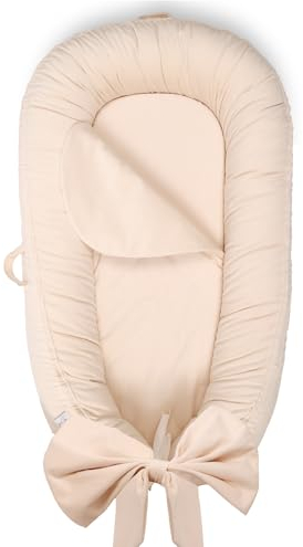 EAQ Babynest Nestchen Baby Weiches Atmungsaktives baby bett für Neugeborene Geschenk 100% Baumwolle Baby Erstausstattung Neugeborene (Schleife beige)
