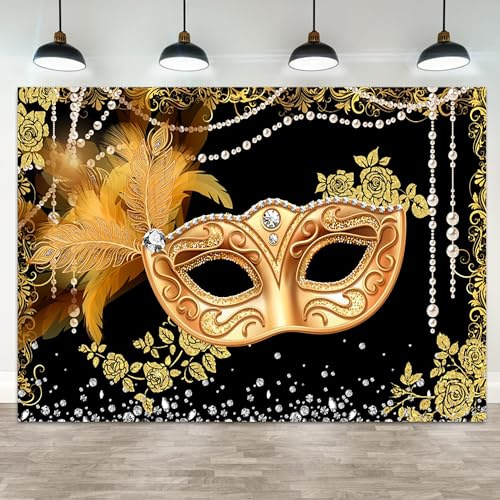 ASDCXZ 10x8ft Masquerade Backdrop Black Gold Masquerade Ball Decoration Mardi Gras Carnival Party Photography Background Birthday Banner Dress-up Prom Cake Smash Photo Booth Prop