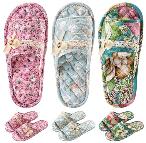 3 paia di pantofole da casa in cotone floreale da donna, con punta aperta, comode, lavabili, pieghevoli, per ospiti, viaggi, hotel, aereo, spa, Multicolore floreale, 9-10.5