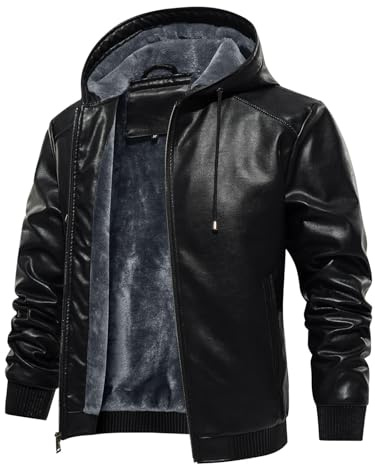 Uusollecy Chaqueta de Cuero para Hombre, Chaqueta de Cuero Sintética con Forro Cálido, Resistente Al Viento Chaqueta de Moto con Capucha Invierno,Negro,3XL