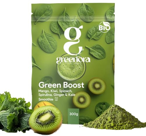 GREENORA Polvere di Spirulina, Spinaci, Zenzero, Cavolo Riccio, Mango e Kiwi per Smoothie. Frutta e Verdura Liofilizzata 100% Naturale. Vegan. 300g