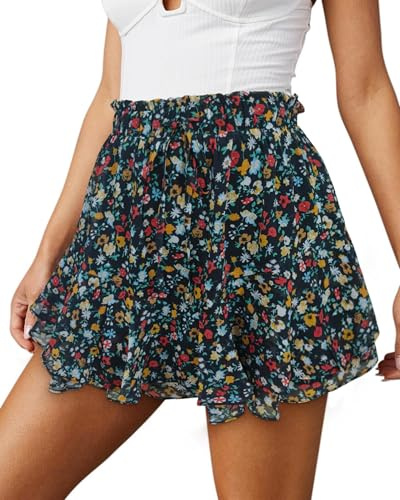 Oyamiki Floral Skorts for Women UK Mini Ruffle Skirt Pleated Summer Casual Flowy Skirts Elastic Waist Layered Boho Shorts