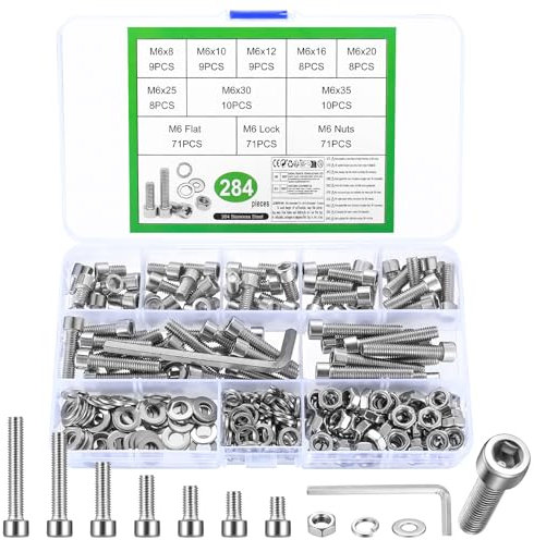 Juego de Tornillos M6 284 Piezas con Tuercas y Arandelas - Cabeza Hexagonal y Allen de Acero Inoxidable
