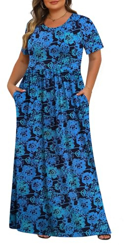Tencede Womens Plus Size Maxi Dresses Summer 2026 Casual Short Sleeve with Pockets Long Dress 1X-5X, Vintage Gradient Flower, 5XL