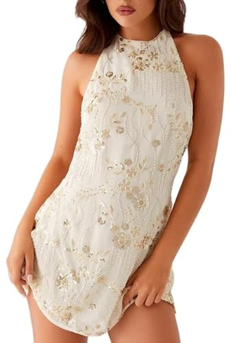 Edhomenn Women Floral Print Halter Neck Backless Mini Dress Summer Elegant Y2K Sequin A-line Waist Slim Sundress (Light Yellow, M)