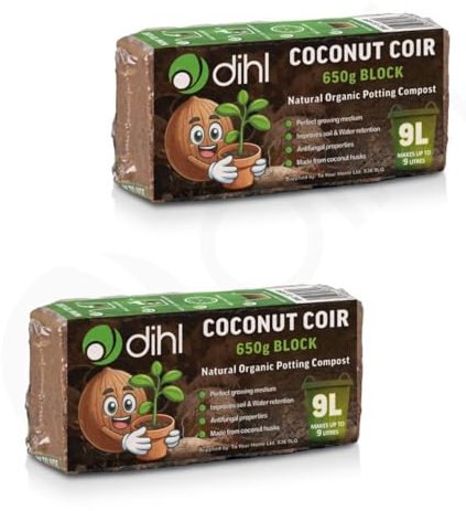 Dihl 2x 650g Organic Coconut Coco Coir Fibre Compost Block Bricks, 100% Natural Compressed Peat-Free Garden Growing Medium, Seedling Potting Beeding Soil, pH Balanced - 1.3KG 18 Litres