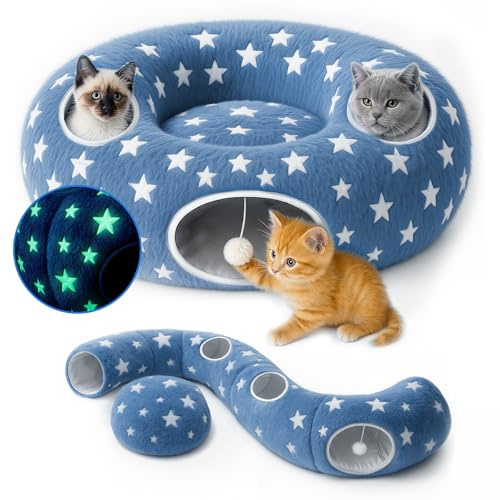 Cycodo Indoor Cat Tunnel Bed,Shape-Shifting Pet Cave with Circle Cushion,Luminescent Donut Tunnel Toy for Kitten/Puppy/Rabbit (Starry Blue)