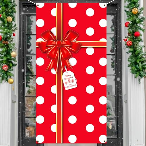 Christmas Door Cover,Red Large Christmas Bowknot Gift Box Door Hanging Banner Sign,3D Bow Xmas Door Decoration,Xmas Photography Backdrop,for Xmas New Year Party Home Wall Cover Decor(Red)