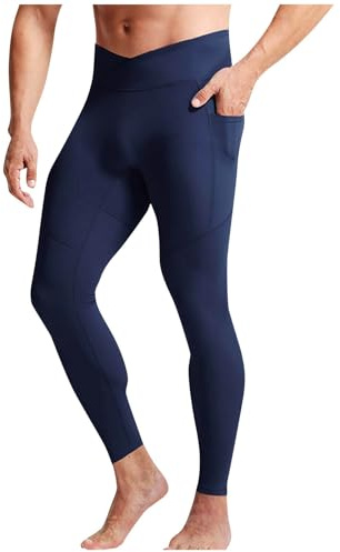 Mens High Waist Yoga Pants with Pockets Activewear Sports Leggings Running Dance Tights Cycling Athletic Workout Thermal Clothes Base Layer 2025 Compression Pant Long Johns 01# Dark Blue X-Large