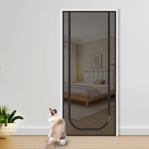 Kattnät för balkong med dragkedja, husdjurs-skärmdörr, förhindrar katter från löpning, kattnät-dörrskärm för vardagsrum, sovrum, kök 80 x 200 cm (vit-80 x 200 cm-J)