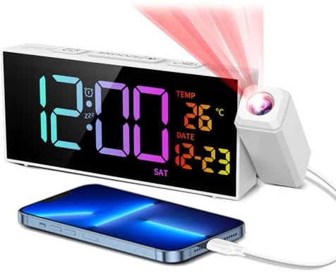 Digital väckarklocka med projektion, 350° projektorväckarklocka, termometer, datum, RGB-display, 10 ringsignaler, snooze, 4 ljusstyrkenivåer, 4 volymnivåer, manuell DST, högljudd sovrumsväckarklocka