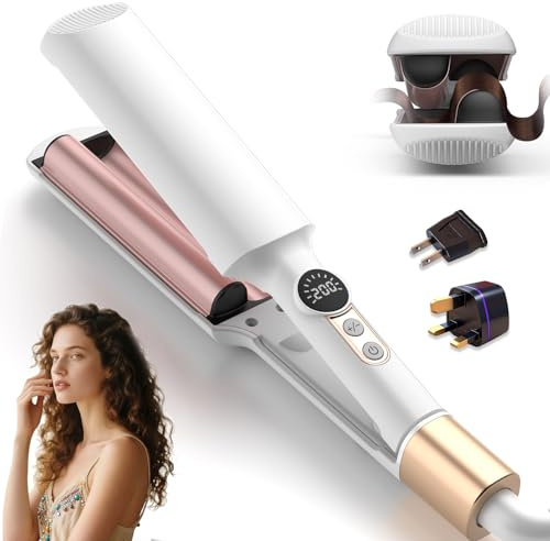 UKLISS Pro Mini Boucleur a Cheveux Wavy Fer à Boucler Wavy Avec 2 Adaptateurs de Voyage, écran LCD, 120 à 210 °C, Fer a Onduler Pour Cheveux Longs Courts, Léger (Blanc)