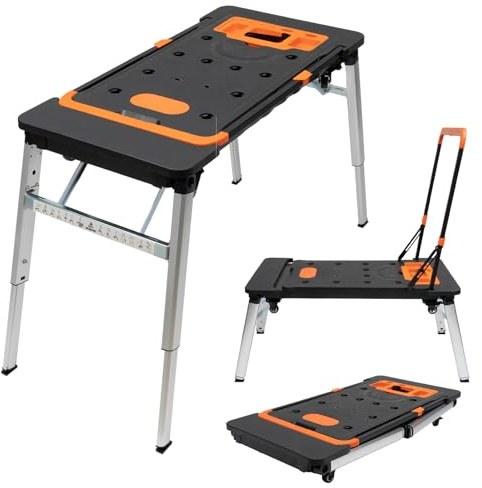 Banco da lavoro multifunzione 7 in 1 – Banco da lavoro pieghevole e mobile con ruote, portata elevata fino a 250 kg, regolabile in altezza per officina, trasporto e segatura