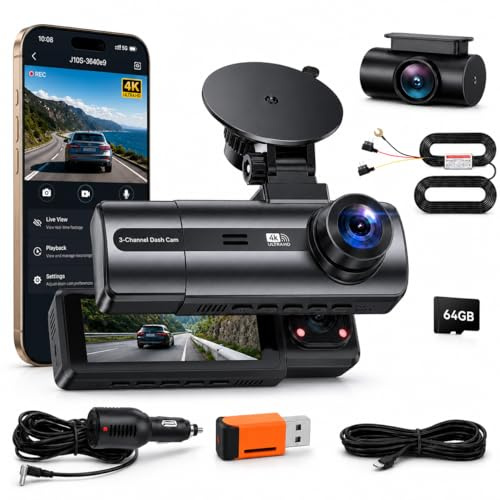 TriggerAutomotive Dashcam 3 Cámaras | 4K Delantera + 1080P Interior y Trasera | WiFi 6 | Pantalla IPS 3,16'' | Visión Nocturna | Sensor G | Grabación en Bucle | 64GB