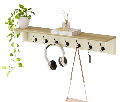 Levede Wall Mounted Coat Rack with Shelf, 7 Double Coat Hooks, 80cm Hallway Coat Hooks Wall Mounted, Coat Rack with Shelf for Entryway, Hallway, Bedroom, Cream Color & Oak