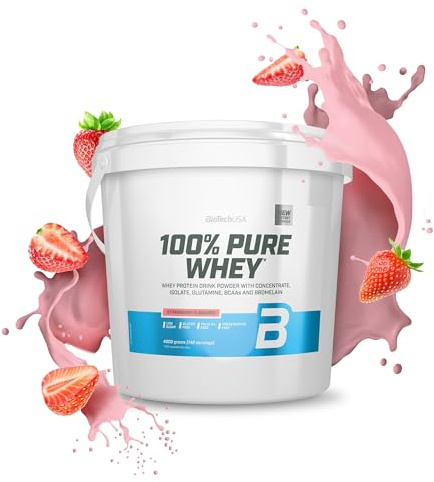 BioTechUSA 100% Pure Whey | Proteinpulver mit BCAA und Glutamin | Glutenfrei, Palmölfrei | 21g Protein pro Portion, 4 kg, Erdbeere