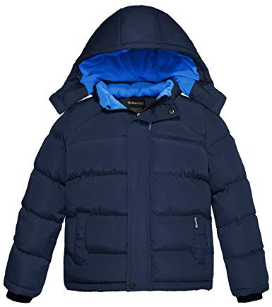 Wantdo Pojkar vinter varm fleece rockar förtjockad bomull vadderad jacka klassisk vindtät quiltad parkas rockar utomhus huvjacka, Mörkblå, 116/122 cm