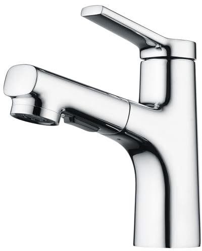 CREA Modern Waschtischarmatur Badezimmer mit 2 Wasserstrahlarten Brause ausziehbar, Einhebelmischer Armatur Wasserhahn Bad für Waschbecken, aus Messing verchromt poliert