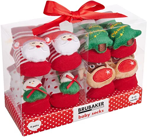 BRUBAKER 4 Pares de Calcetines de Bebé Niño Niña 0-12 Meses - Set de Regalo de Calcetines de Navidad Para Recién Nacido en Caja de Regalo con Lazo - Navidad con Pegatinas de Peluche