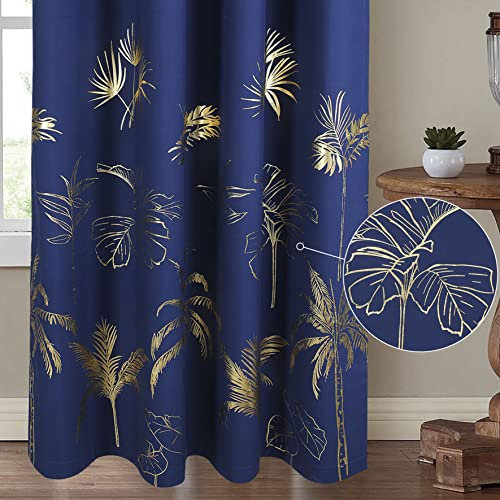 Chlophy Gold Blackout Curtains Navy Blue Bedroom Foil Printed Palm Leaves Royal Blue Trees Luxury Eyelet 66×54 Short Thermal Tropical Total Room Darkening Metallic Window Curtain Living Room 2 Panels
