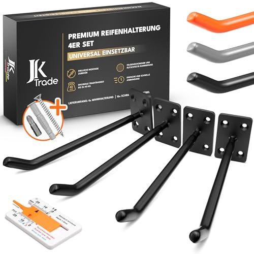 JK Trade® 4er Reifen Wandhalterung Set für Auto Felgen inkl. Schrauben und Dübel Set, Felgenschoner Wand Haken zum Schrauben für Autoreifen, Gartengeräte, Alufelgen, 40 kg Belastung (Schwarz V1)
