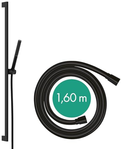 hansgrohe Pulsify S - Duschset mit Duschkopf wassersparend (EcoSmart, PowderRain-Strahl), Duschschlauch (1,60 m) und Duschstange (0,90 m), Mattschwarz, 24382670