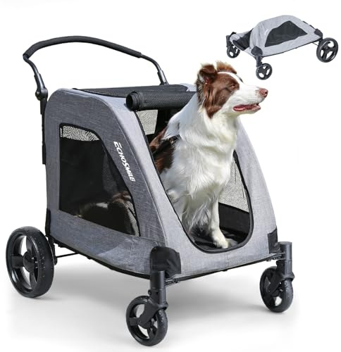 EchoSmile XL Extra Large Dog Stroller - Adjustable Handles,Lightweight Folding Pet Stroller,All-Terrain 4 Wheel for 2 Medium Dogs,Dual Entry Safety Dog Stroller,Capacity 160 lbs,Gray