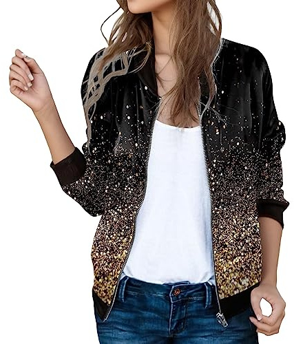 Generisch Pailletten Bomberjacke Damen Dünn Stehkragen Reißverschluss Windbreaker Blouson Jacke Zip Langarm Tasche Fliegerjacke Bomberjacke Pilotenjacke XL Leicht Kurz Übergangsjacke Bomber Jacket