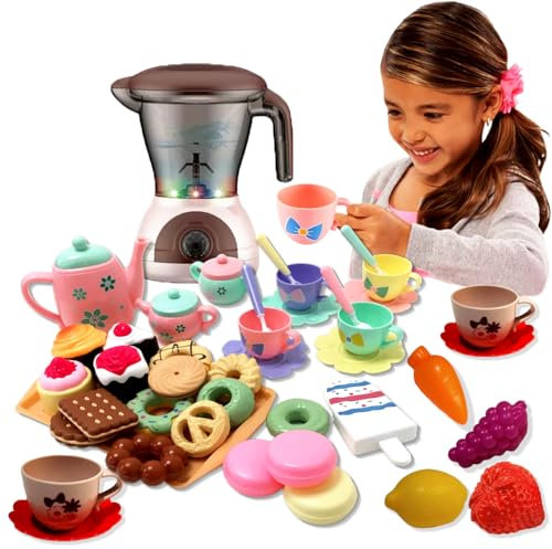 Sobebear 46Pcs Kids Tea Party Set, 2-in-1 Pretend Play Kitchen Set with Juicer Mixer Toy and Tea Party Accessories, Role Play Food Toys for Girls Ages 3+ Years