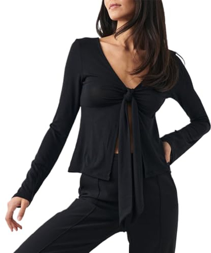Owegvia T-shirt à manches longues et col en V pour femme, couleur unie, tendance, nœud noué, chemise basique pour vêtements de rue, esthétiques, Noir , M