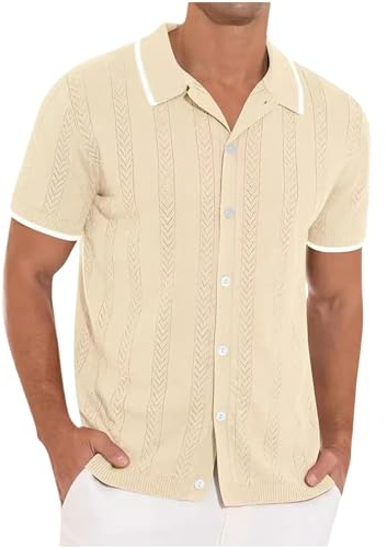 Herren Strickhemd Kurzarm Baumwolle Hemd Freizeit Hemden Sommer Freizeithemden Business Kurzarmhemd Bügelfrei Herrenhemden Oversized Fischerhemd Beige L