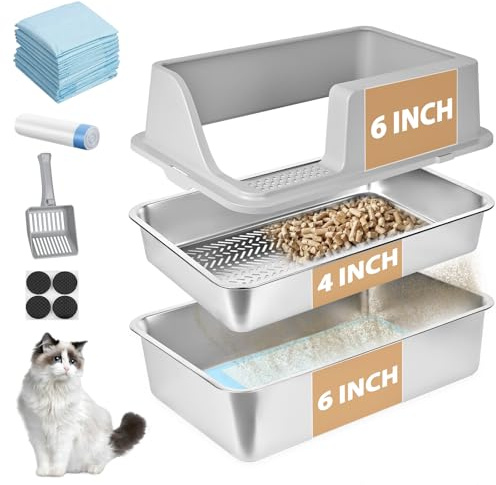 Homegroove Litière pour chat en acier inoxydable pour granulés de pin - 60 x 40 x 15 cm - Bord haut - Litière en métal avec couvercle - Pelle en plastique et 10 tampons d'urine (15,2 cm)