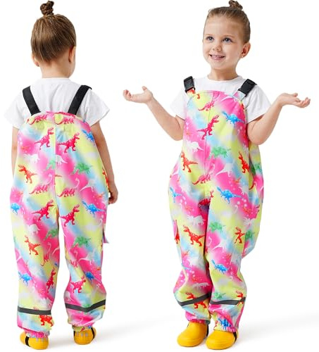 FILOWA Pantalon Impermeable Niñas Pantalón Barro con Tiras Reflectantes Bolsillo Peto de Lluvia Rosa Dinosaurio Dibujos Pantalón de Lluvia Transpirable Ropa Impermeable para Exterior Infantil 7 años