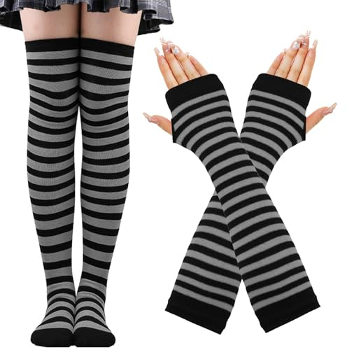 CWENDANER Arcenciel Chaussette hautes pour femme et fille Chaussette longues Chaussettes de volleyball Chaussettes de sport avec gants sans doigts Pour fête (Black and gray)