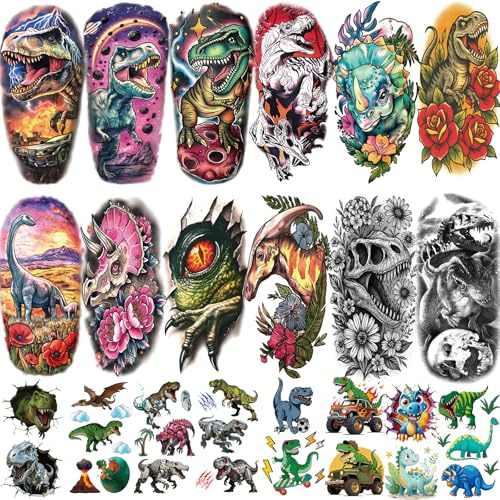 Yazhiji 77 Fogli Di Tatuaggi Temporanei Dinosauri Per Bambini E Adulti. Tatuaggi Falsi Dinosauri: Cranio Di Triceratopi, T-Rex E Artiglio Di Raptor. Ideale per ragazzi e ragazze. Piccolo Tatu