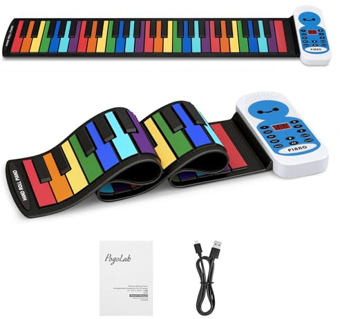 POGOLAB 49 Tasten Rollup Keyboard Piano, Klappbares Keyboard Piano mit 14 Demos/128 Tönen/128Rhythmen/Mikrofon & Kopfhöreranschluss, Wiederaufladbares digitales elektrisches Reisepiano für Anfänger
